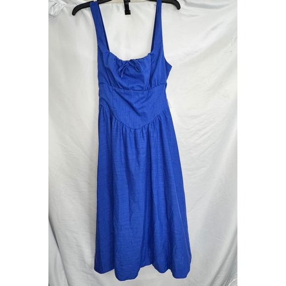 AQUA Blue Midi Dress Linen Blend Tie-Front Sundress Party Casual Size L - Picture 4 of 8